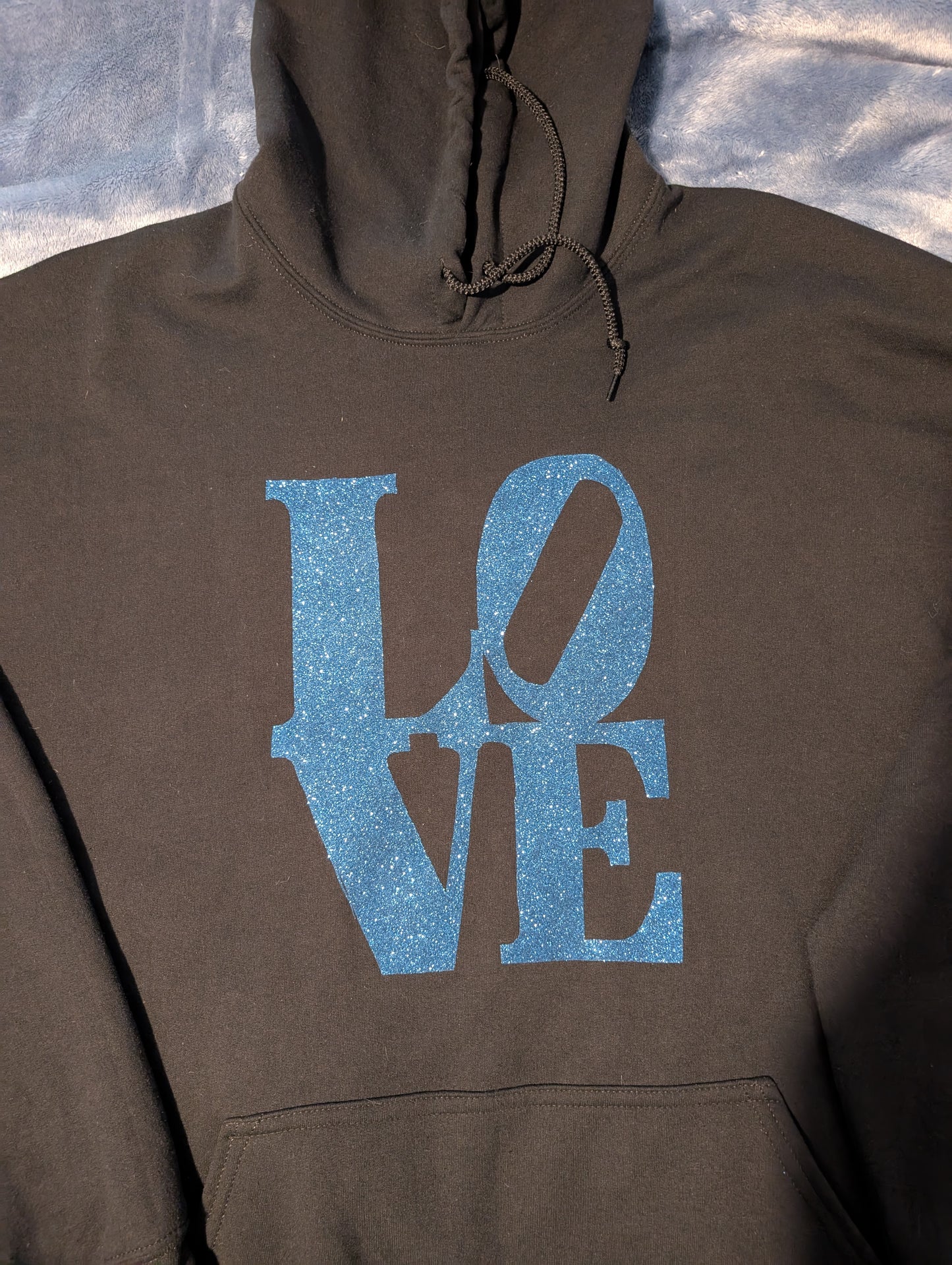 Black hoodie with glitter blue LOVE writing
